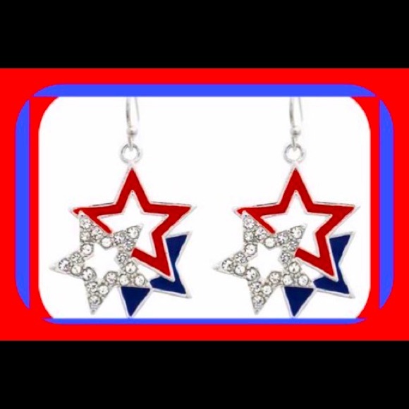 New Gorgeous Rhinestone Enamel Patriotic American Triple Star Earrings - Picture 3 of 8